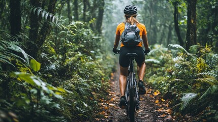 A woman is riding a bike in a forest