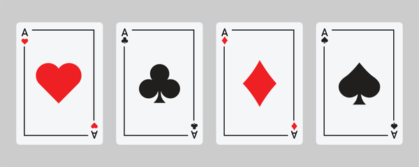 Playing card set, Four playing cards. Playing card suits icon set. Poker cards suits. Hearts, clubs, diamonds, spades ace. Winning poker hand. Casino gambling concept. Isolated on White background.