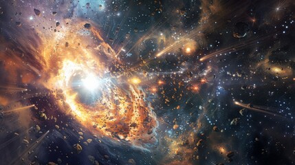 Obraz premium A stunning view of cosmic explosions and swirling galaxies, showcasing the beauty and mystery of the universe.