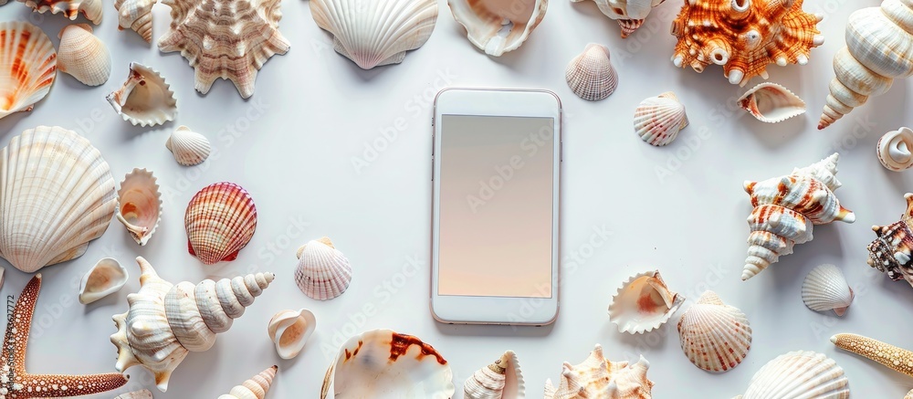 Aufkleber Modern mobile phone displayed with various seashells on a white background suitable for adding text or design in the copy space image