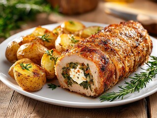 Turkey roulade with spinach and feta cheese, sliced and displayed on a white platter with roasted potatoes