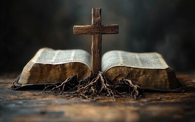 A wooden cross is placed on an open Bible, with rays shining from it and roots growing out of the pages. 