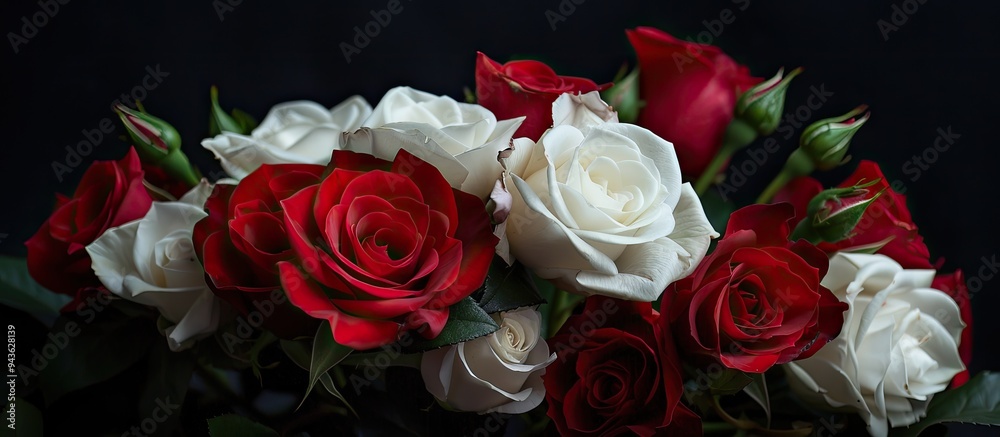 Poster vibrant red and white roses set against a black backdrop perfect for a copy space image
