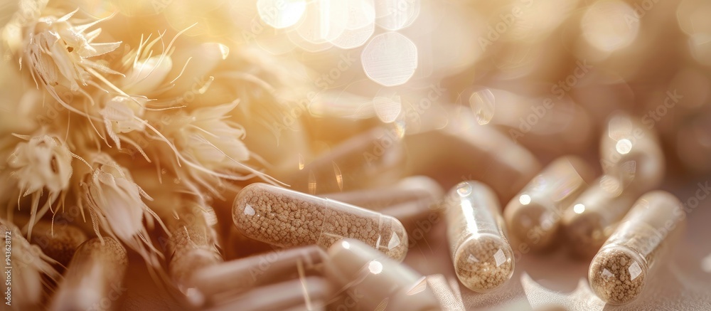 Aufkleber Ashwagandha capsules set against a blurred paper background with a close up view allowing for copy space image
