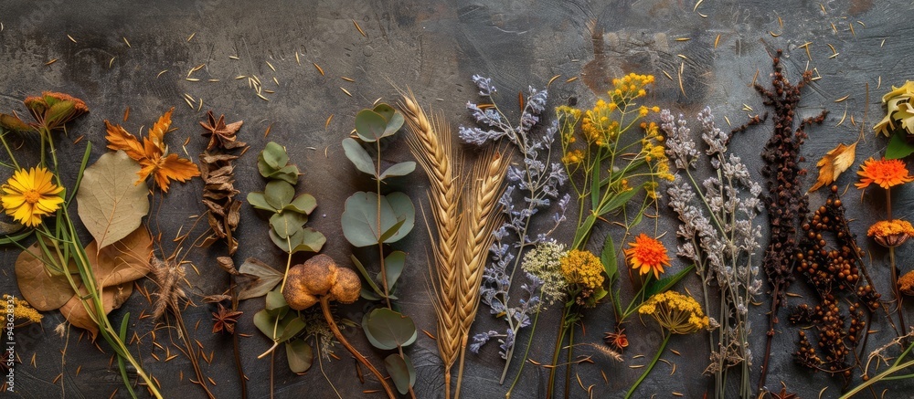 Poster folk art inspired pattern with dry herb leaves twigs grain and flowers perfect for a copy space imag