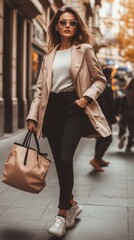 Casual woman in beige coat and sneakers on city street.