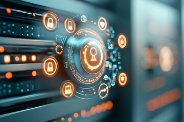 A futuristic dashboard showcasing digital security icons and systems, representing advanced technology and data protection.