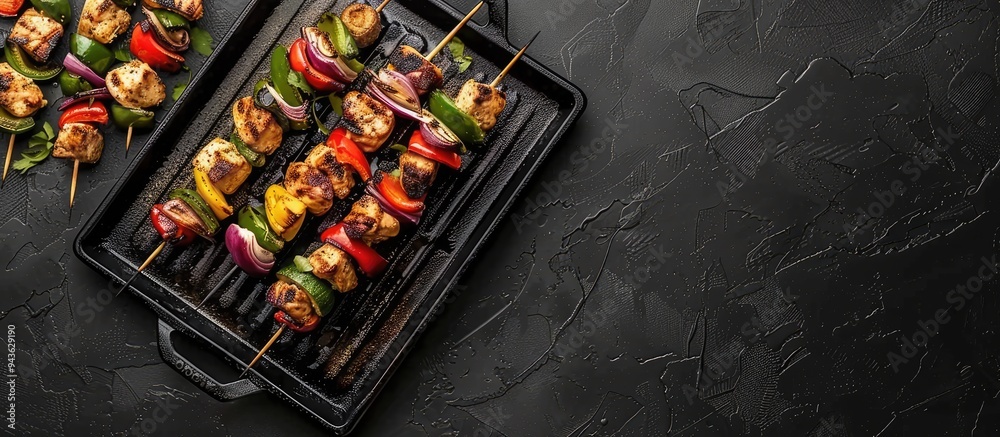 Poster chicken kebab skewers with grilled vegetables on a black metal tray viewed from above with space for