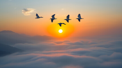 Obraz premium Land and fly above the yellow sunset.