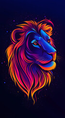 Wild lion illustration portrait in neon colors isolated on black background