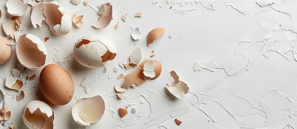 Poster cracked eggshells on a white backdrop with copy space image