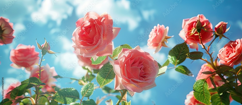 Poster Close up view of roses against a blue sky background with ample copy space image