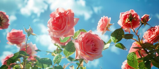 Close up view of roses against a blue sky background with ample copy space image