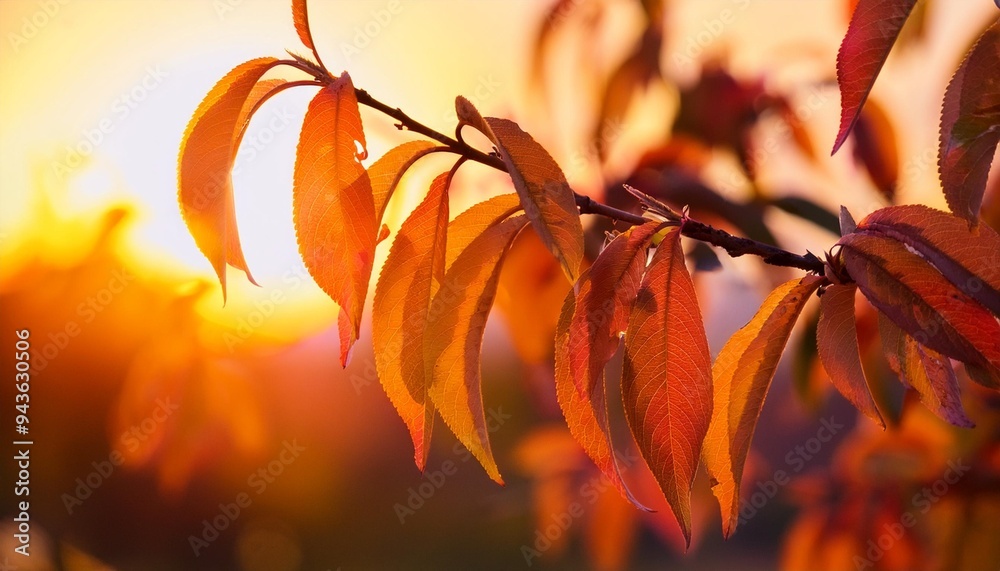 Poster autumn leaves on a peach tree at sunset