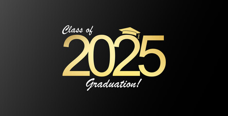 Futuristic graduation class of 2025 banner concept with glowing low polygonal golden graduation cap.