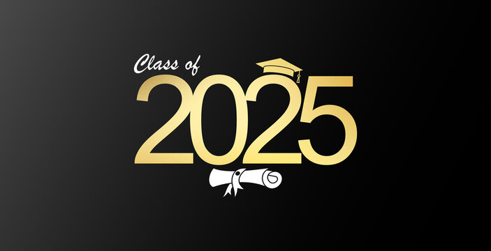 Futuristic graduation class of 2025 banner concept with glowing low polygonal golden graduation cap.