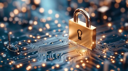 A golden padlock symbolizing digital security and data protection amidst a network of circuits and glowing lights.