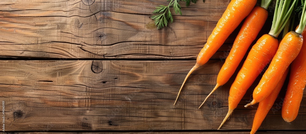 Aufkleber top view of baby carrots with sauce on a wooden table allowing for text in the copy space image