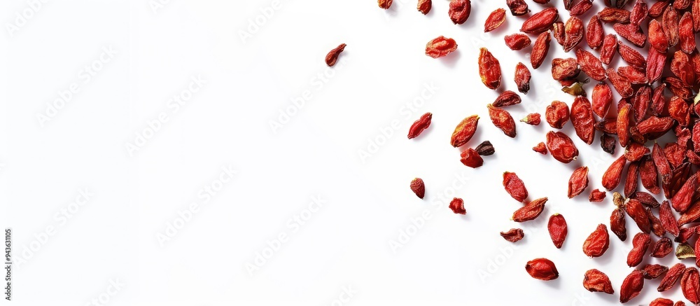 Aufkleber Top down view of dried goji berries on white backdrop with copy space image for text arranged in a flat lay style