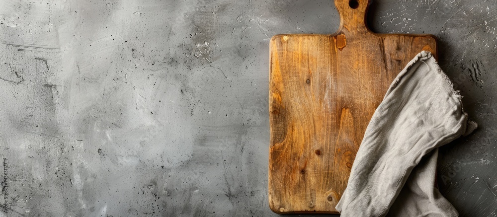 Fototapete top down view of cutting board with a napkin presented on a concrete surface creating a sleek and pr