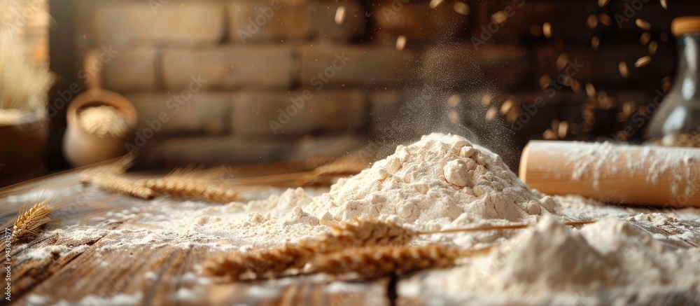 Aufkleber Wooden table adorned with a pile of flour a rolling pin ears of wheat and ample copy space for images all creating a rustic culinary setting