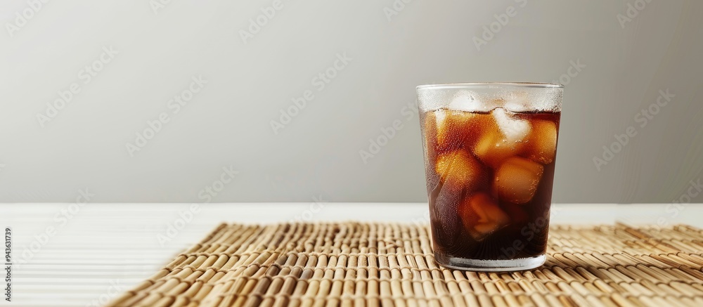 Fototapete iced americano coffee displayed on a bamboo mat against a white background emphasizing the isolation