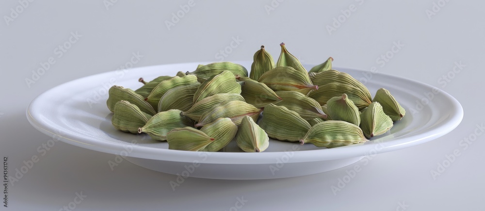 Poster a white plate with green cardamom pods arranged attractively making it a visually appealing copy spa