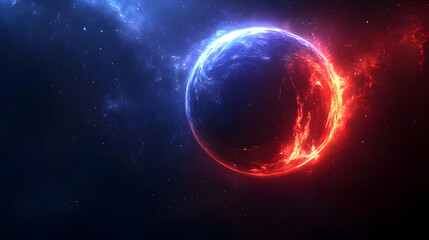 A fiery red and icy blue planet in a vast cosmic expanse, a mesmerizing blend of celestial energies.