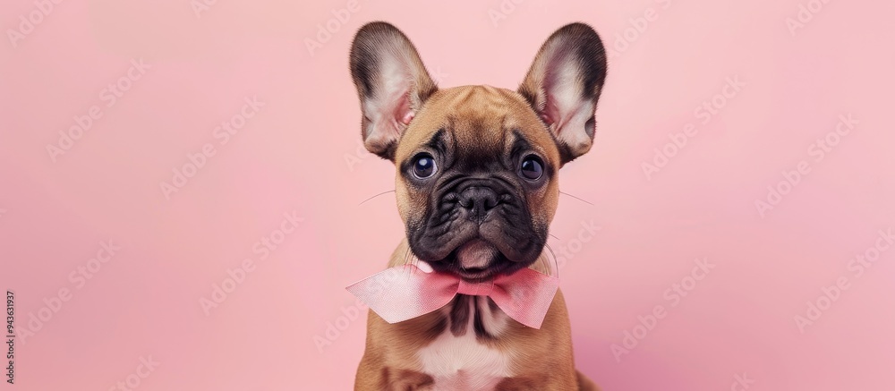 Poster french bulldog puppy in tan shade with ribbon on a pink studio backdrop perfect for a copy space ima