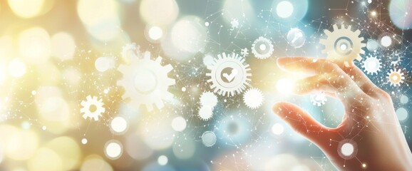 Symbols of sustainable development with icons of renewable energy and natural resources preservation in a connected gear. Businessman working on touch screen with hand.