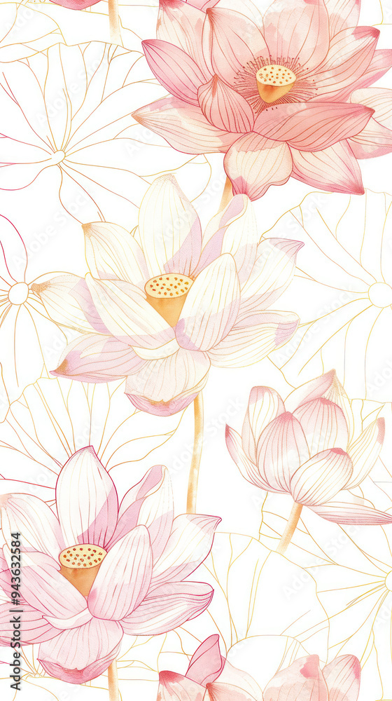 Sticker Delicate pink lotus flowers with gold accents on a soft pastel background, creating a harmonious and elegant floral composition.	