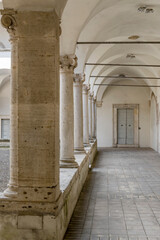 columns and valults at san Francesco church cloister at medieval hilltop little town, Amelia, Italy