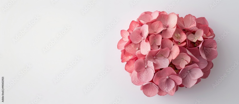 Leinwandbilder A pink Hydrangea flower displayed from above on a white background providing a clear area for your text in the picture. Creative banner. Copyspace image