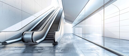 Obraz premium Sleek office escalator within a contemporary building design providing a modern look with a futuristic ambiance in the copy space image