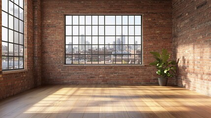 A large room with a brick wall and a window, Wooden floor and brick wall in a modern interior 