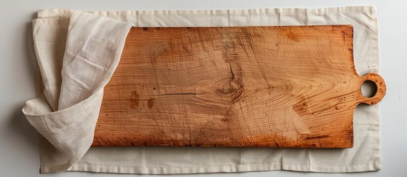 Top view of a cutting board with a napkin on a colored background providing copy space image