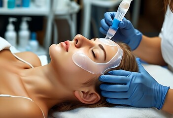 Naklejka premium Cosmetologist meticulously cleanses woman's face, preparing her for rejuvenating facial