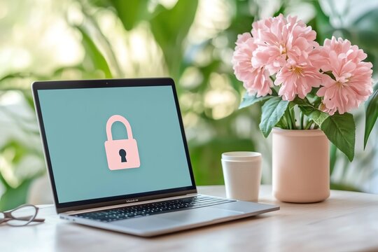 A laptop displaying a padlock icon, surrounded by flowers and a coffee cup, symbolizing cybersecurity and workspace tranquility.