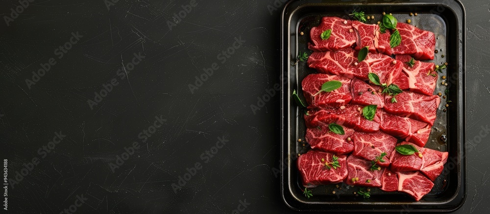 Poster a top down view of a steel tray with sliced wagyu new york beef or striploin steak garnished with he
