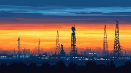 Obraz premium The silhouette of an oil production company is surrounded by natural resources. A group of oil rigs against the evening sky represents oil export. Fuel is produced around the world.