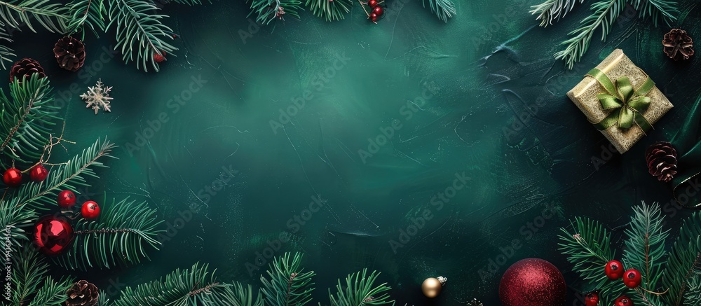 Poster top view of a dark green banner background adorned with fir branches a gift red and gold ball creati