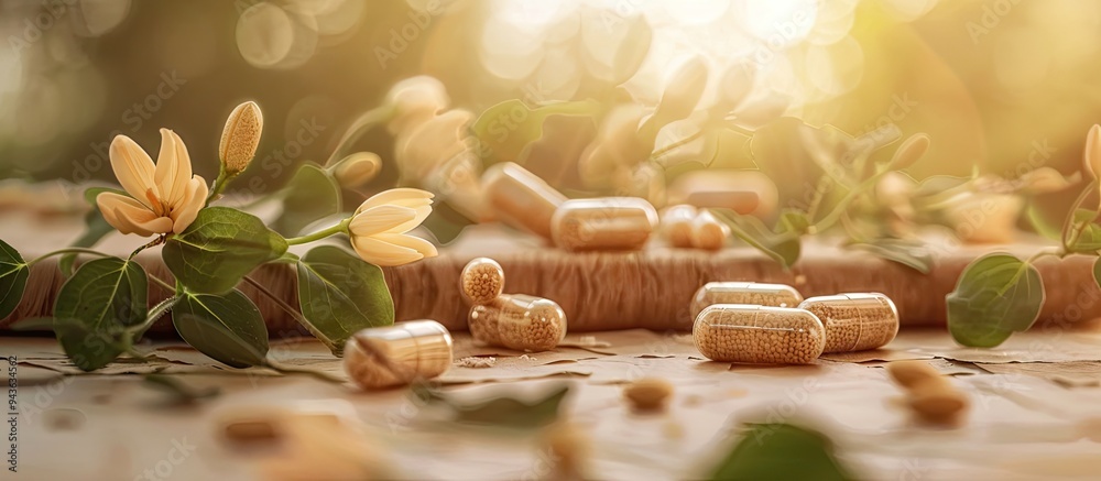 Poster Ashwagandha capsules set against a blurred paper background with a close up view allowing for copy space image