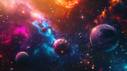 Obraz premium Cinematic whimsical photography of colorful galaxy with colorful and bright nebulas as well us different planets with different terrains