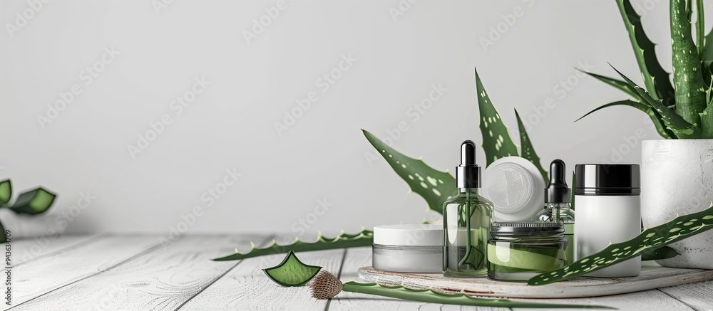 Poster cosmetic bottles aloe vera leaves and jars displayed on a white wooden backdrop with copy space imag