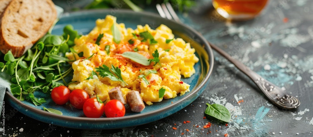 Poster scrambled eggs with vegetables sausages herbs cherry tomatoes bread in a picturesque plate setting w