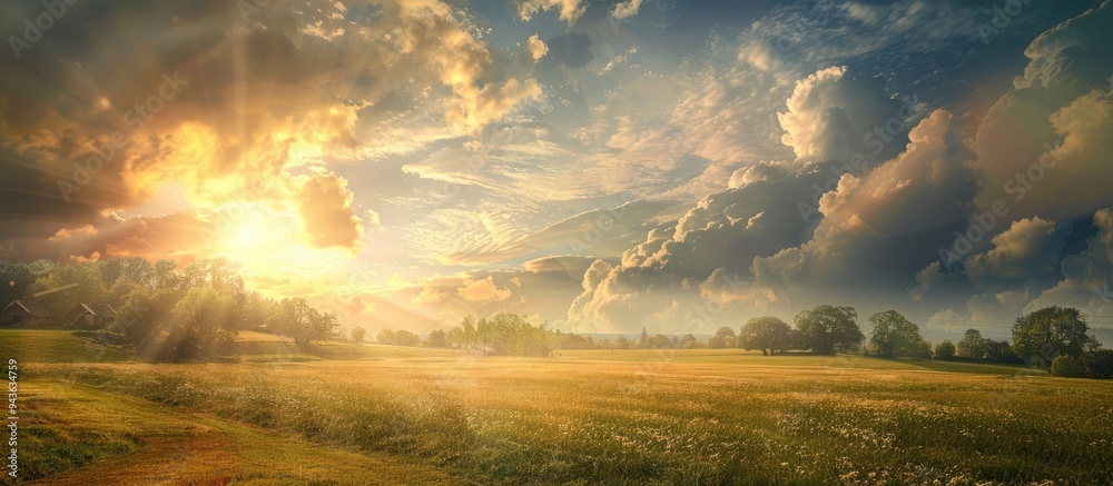 Poster Village under a dramatic sky with soft sunlight creating a panoramic cloudscape image with ample copy space for design resources representing meteorology hope and peace