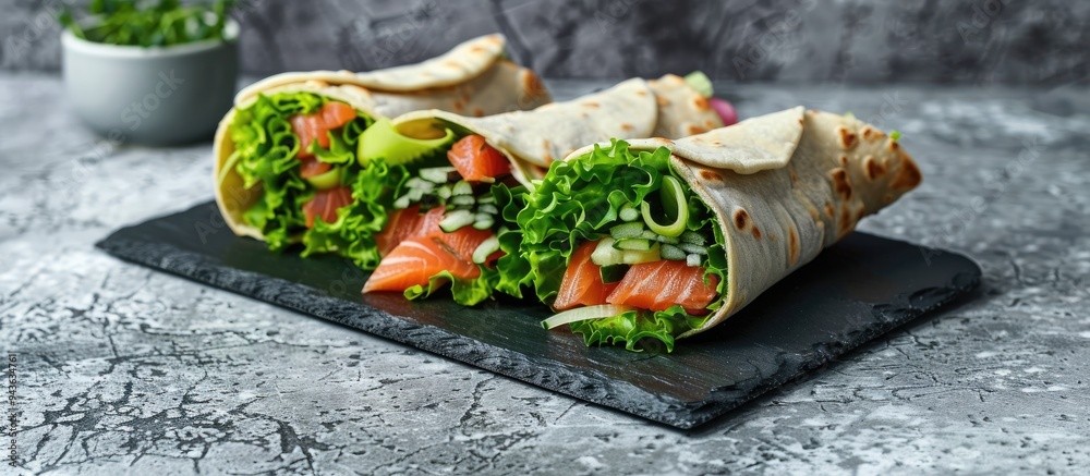 Poster thin pita rolls and salted salmon with lettuce on a slate stand against a grey concrete backdrop off