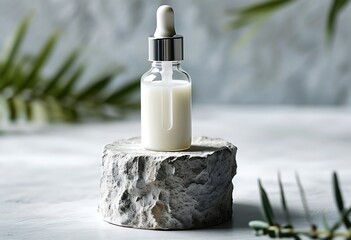Dropper bottle, white serum, on stone pedestal, highlights purity, skincare benefits.