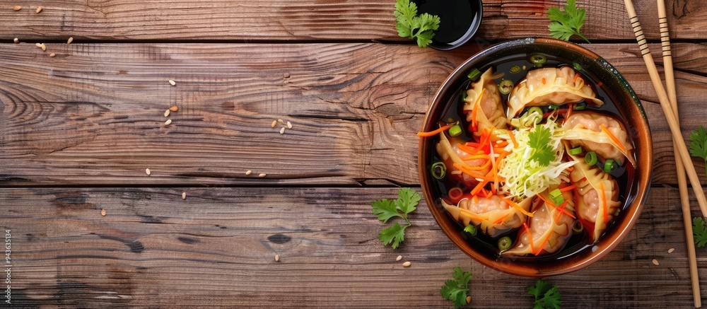 Aufkleber Wooden background with colorful dumplings in a bowl accompanied by soy sauce cabbage and chopsticks with available space for adding text in the image. Creative banner. Copyspace image