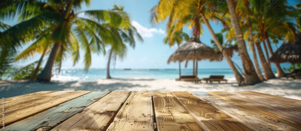 Poster ideal for showcasing summer products a wooden table in the forefront against a blurred tropical beac